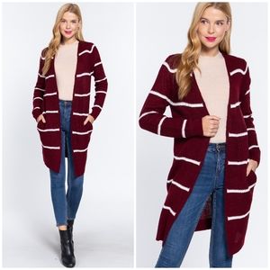 LAST ONE❗Cozy Chic Rich Burgundy Striped Longline Open…